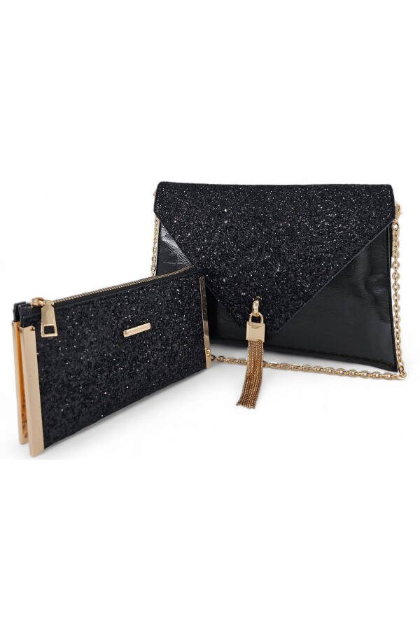 Women's Black Stone Patterned Portfolio & Clutch Bag Set (29 x 19) _(19 x 11) cm - 9