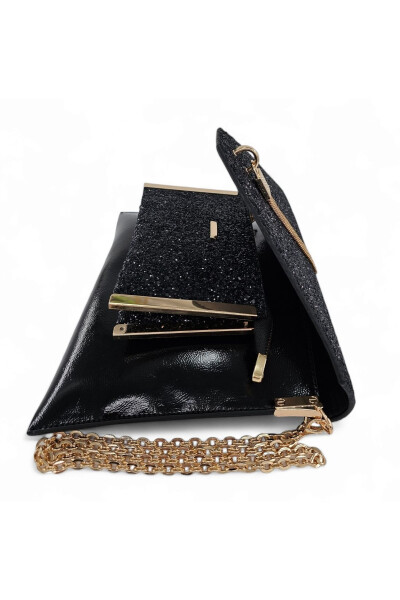 Women's Black Stone Patterned Portfolio & Clutch Bag Set (29 x 19) _(19 x 11) cm - 6