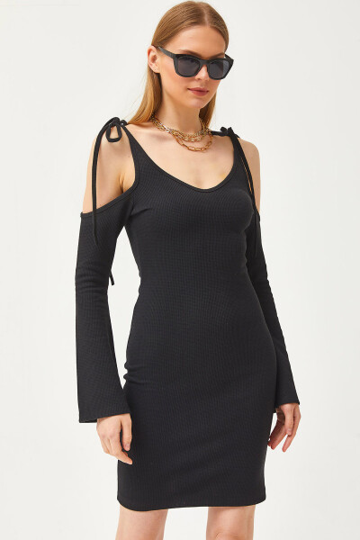 Women's Black Strapless Tie-Up Spanish Sleeve Waffle Dress ELB-19002078 - 1