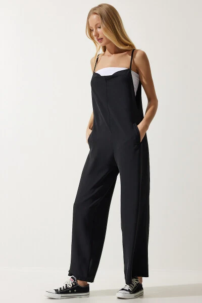 Women's Black Strappy Loose Knit Overalls Jumpsuit BF00095 - HAPPINESS İSTANBUL