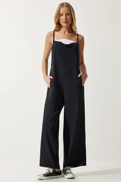 Women's Black Strappy Loose Knit Overalls Jumpsuit BF00095 - HAPPINESS İSTANBUL (1)