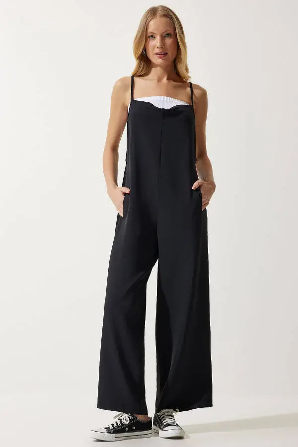 Women's Black Strappy Loose Knit Overalls Jumpsuit BF00095 - 2