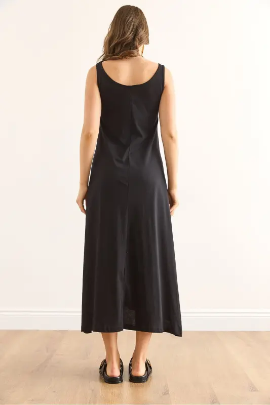 Women's Black Strappy Midi Cotton Bell Dress ELB-19002 - 6
