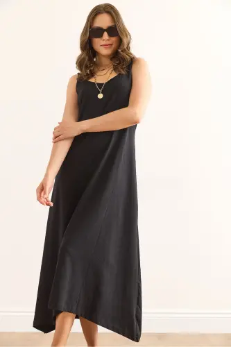 Women's Black Strappy Midi Cotton Bell Dress ELB-19002 