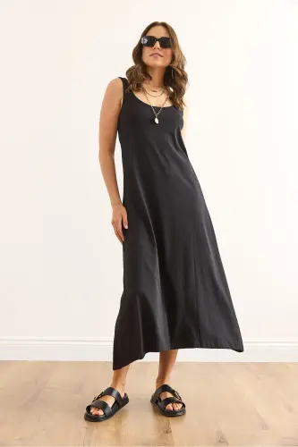 Women's Black Strappy Midi Cotton Bell Dress ELB-19002 - 2