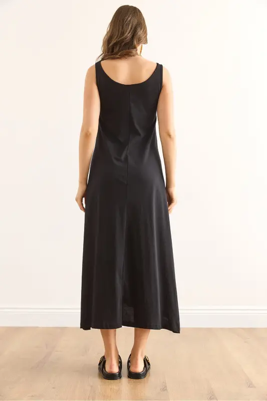 Women's Black Strappy Midi Cotton Bell Dress ELB-19002 - 3