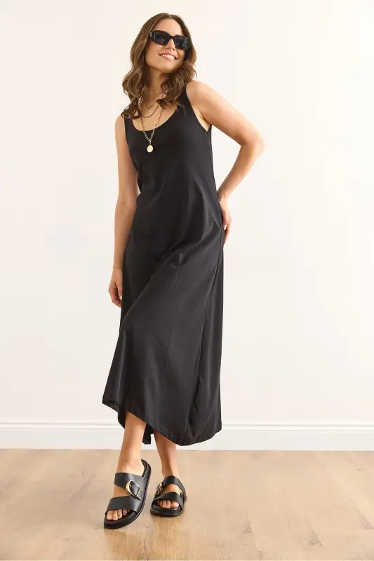 Women's Black Strappy Midi Cotton Bell Dress ELB-19002 - 6