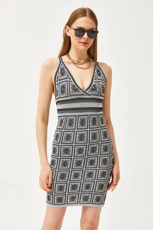 Women's Black Strappy Patch Patterned Criss-Cross Back Mini Knitted Dress ELB-19002068-Black - 2