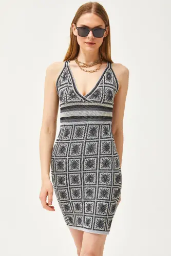 Women's Black Strappy Patch Patterned Criss-Cross Back Mini Knitted Dress ELB-19002068-Black - 5