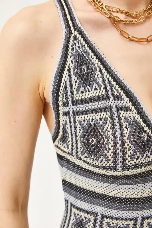 Women's Black Strappy Patch Patterned Criss-Cross Back Mini Knitted Dress ELB-19002068-Black - 7