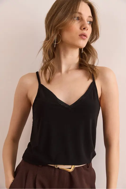 Women's Black Strappy Tulle Detailed Flowy Blouse BLZ-19 - 5