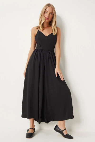 Women's Black Strappy V-Neck Knitted Jumpsuit UB00292 - HAPPINESS İSTANBUL