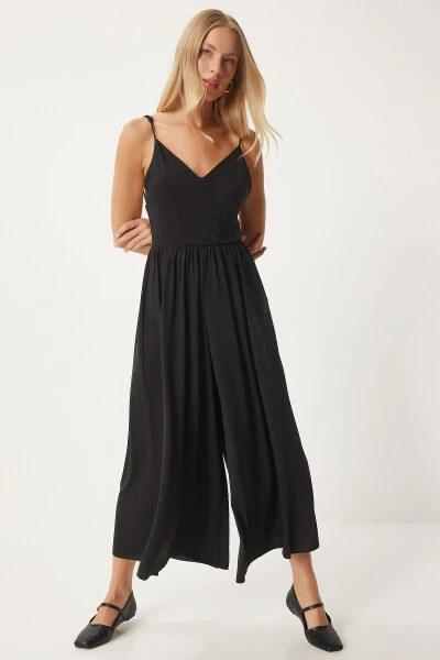 Women's Black Strappy V-Neck Knitted Jumpsuit UB00292 - HAPPINESS İSTANBUL (1)