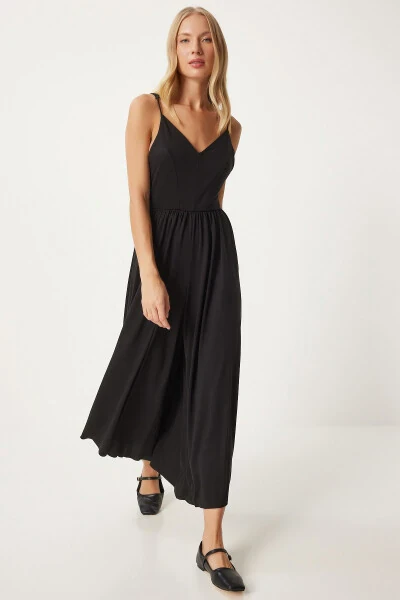 Women's Black Strappy V-Neck Knitted Jumpsuit UB00292 - 3