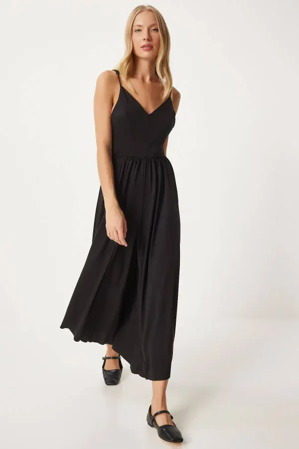 Women's Black Strappy V-Neck Knitted Jumpsuit UB00292 - 3