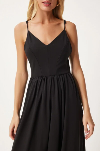 Women's Black Strappy V-Neck Knitted Jumpsuit UB00292 - 4