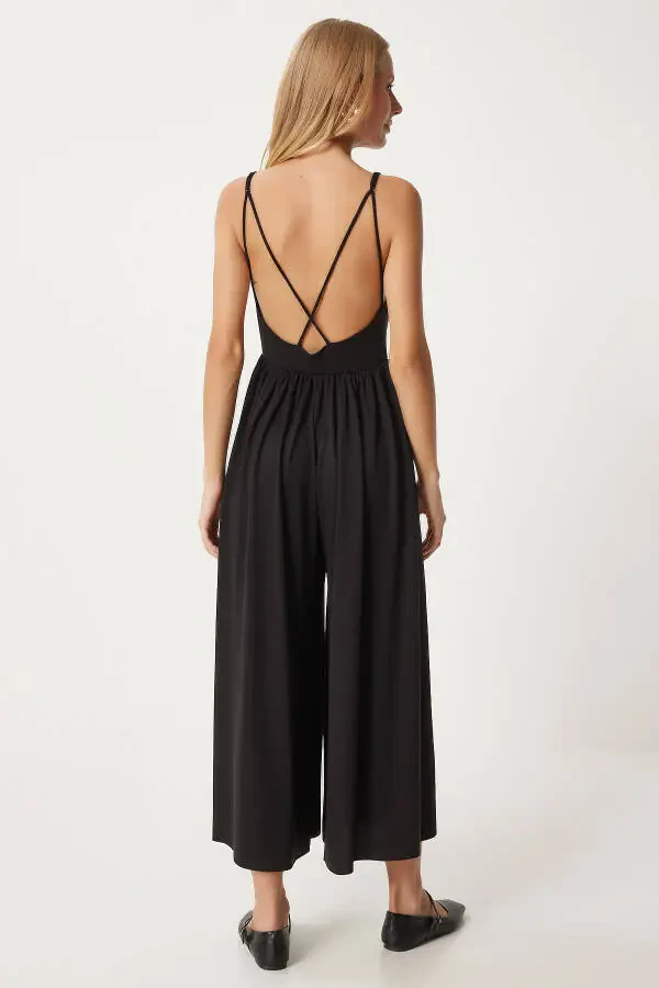 Women's Black Strappy V-Neck Knitted Jumpsuit UB00292 - 6