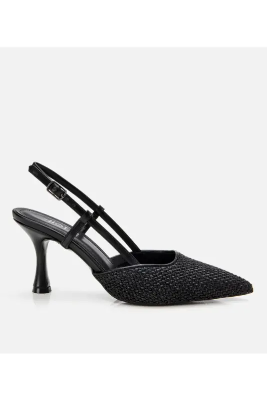 Women's Black Straw Detailed Open Back Stiletto - Hotiç