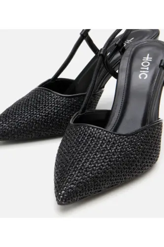 Women's Black Straw Detailed Open Back Stiletto - 3