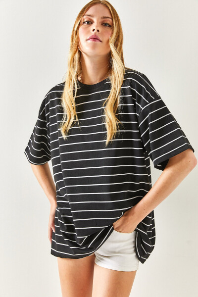 Women's Black Striped 2-Thread Oversize Unisex T-Shirt TSH-19000764 - 3