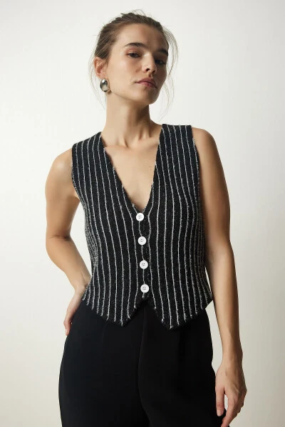Women's Black Striped Chardon Tricot Vest WF00058 - HAPPINESS İSTANBUL