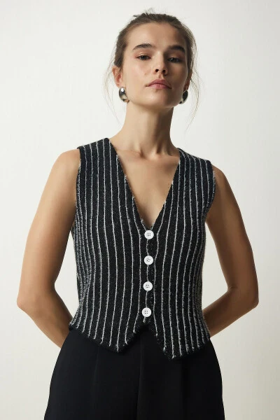 Women's Black Striped Chardon Tricot Vest WF00058 - HAPPINESS İSTANBUL (1)