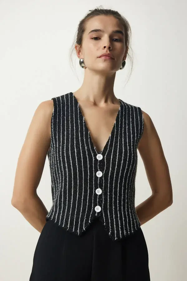 Women's Black Striped Chardon Tricot Vest WF00058 - 2