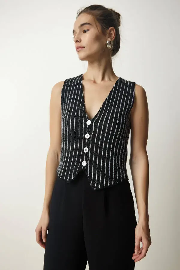 Women's Black Striped Chardon Tricot Vest WF00058 - 3
