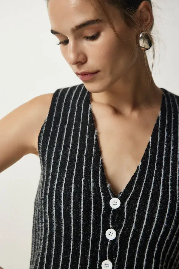 Women's Black Striped Chardon Tricot Vest WF00058 - 4