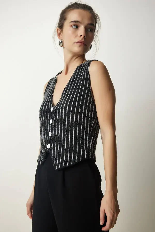 Women's Black Striped Chardon Tricot Vest WF00058 - 5