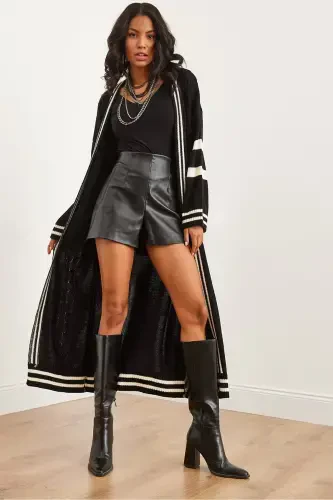 Women's Black Striped Detail Maxi Oversize Knit Cardigan HRK-19000317-Black - 1