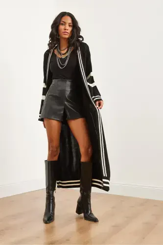 Women's Black Striped Detail Maxi Oversize Knit Cardigan HRK-19000317-Black - 3