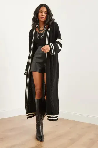 Women's Black Striped Detail Maxi Oversize Knit Cardigan HRK-19000317-Black - 4