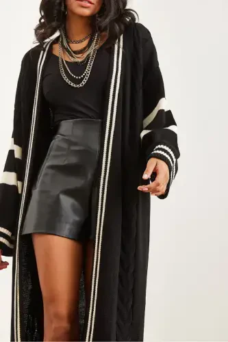 Women's Black Striped Detail Maxi Oversize Knit Cardigan HRK-19000317-Black - 5