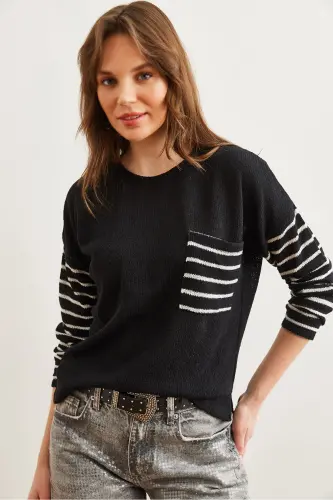 Women's Black Striped Detailed Pocketed Mercerized Knitted Blouse BLZ-19002808-Black - 1