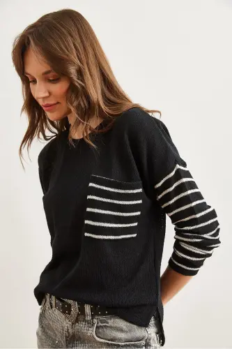 Women's Black Striped Detailed Pocketed Mercerized Knitted Blouse BLZ-19002808-Black - 4