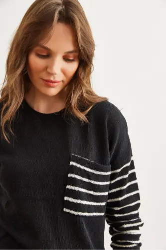 Women's Black Striped Detailed Pocketed Mercerized Knitted Blouse BLZ-19002808-Black - 5