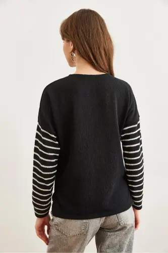 Women's Black Striped Detailed Pocketed Mercerized Knitted Blouse BLZ-19002808-Black - 7