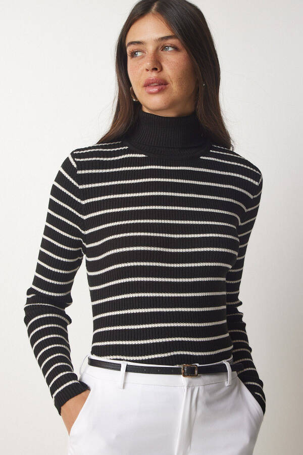 Women's Black Striped Fisherman Knit Sweater BP00146 - 2
