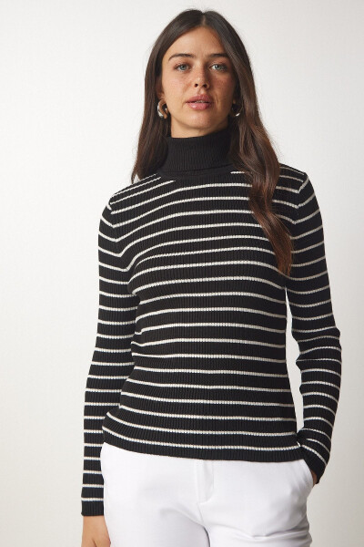 Women's Black Striped Fisherman Knit Sweater BP00146 - 3
