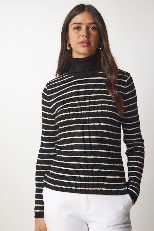 Women's Black Striped Fisherman Knit Sweater BP00146 - 3