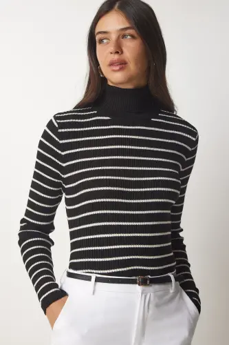 Women's Black Striped Fisherman Knit Sweater BP00146 - 3