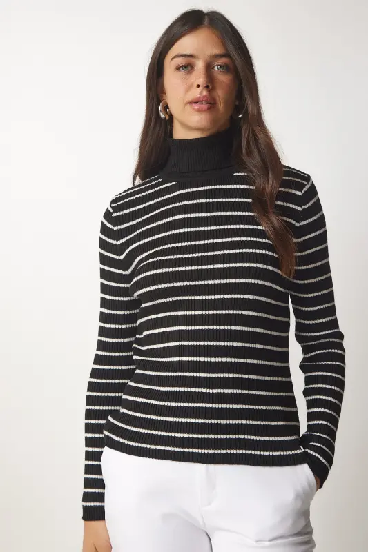 Women's Black Striped Fisherman Knit Sweater BP00146 - 4