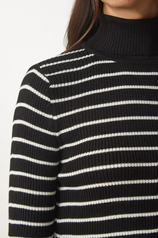 Women's Black Striped Fisherman Knit Sweater BP00146 - 5