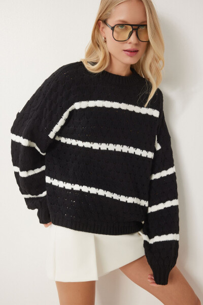 Women's Black Striped Knit Sweater with Balloon Sleeves HI00003 - HAPPINESS İSTANBUL