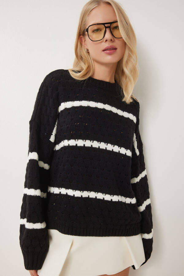 Women's Black Striped Knit Sweater with Balloon Sleeves HI00003 - 2