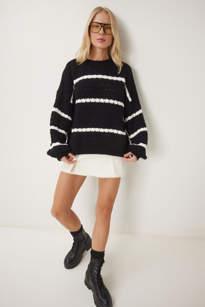 Women's Black Striped Knit Sweater with Balloon Sleeves HI00003 - 4