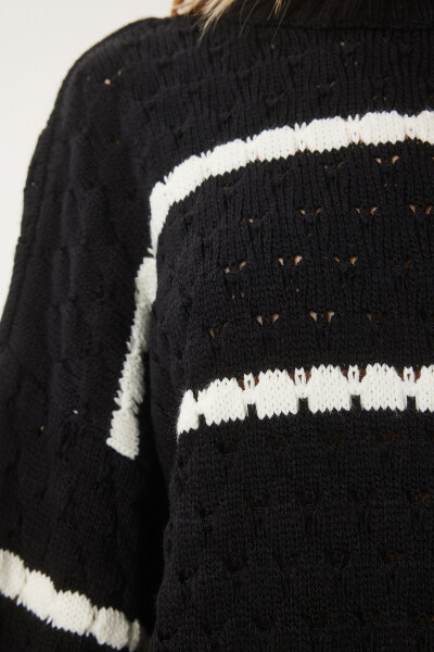 Women's Black Striped Knit Sweater with Balloon Sleeves HI00003 - 5