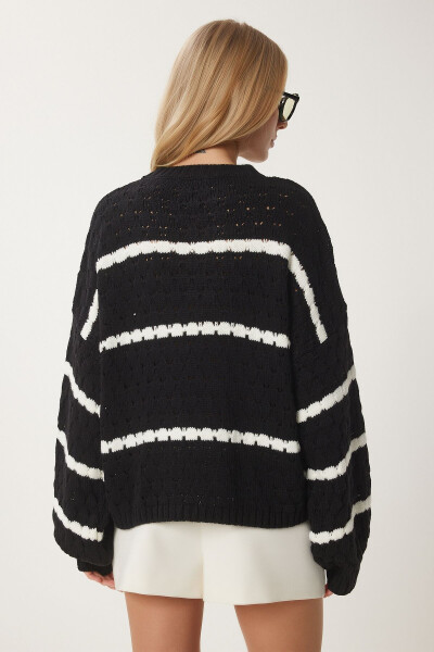 Women's Black Striped Knit Sweater with Balloon Sleeves HI00003 - 6