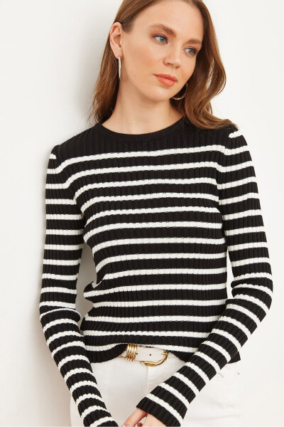 Women's Black Striped Knitted Pullover KZK-19000852 - OLALOOK